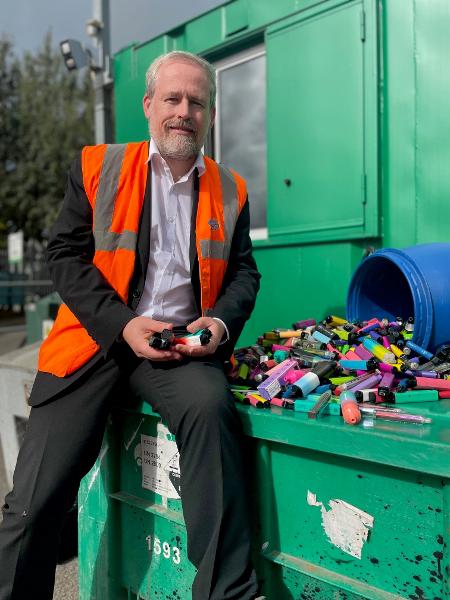 Cllr Mark Wilkes at the new vapes recycling facilities in a HWRC - September 2023